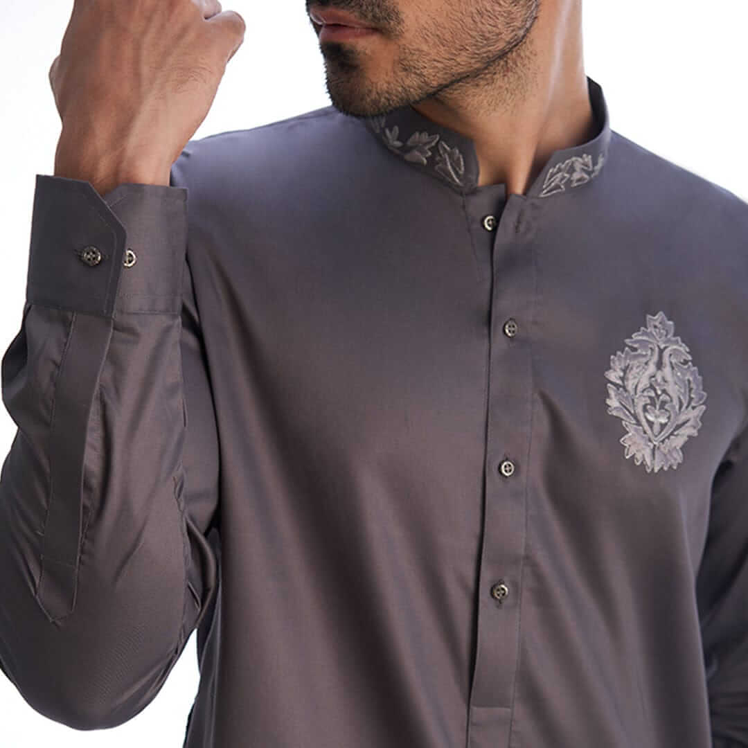 Warm Grey Supima Cotton/Satin Kurta & Drawstring Trousers AI-EID-0004