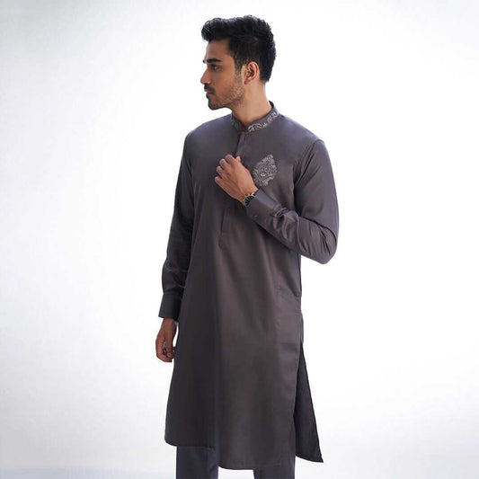 Warm Grey Supima Cotton/Satin Kurta & Drawstring Trousers AI-EID-0004