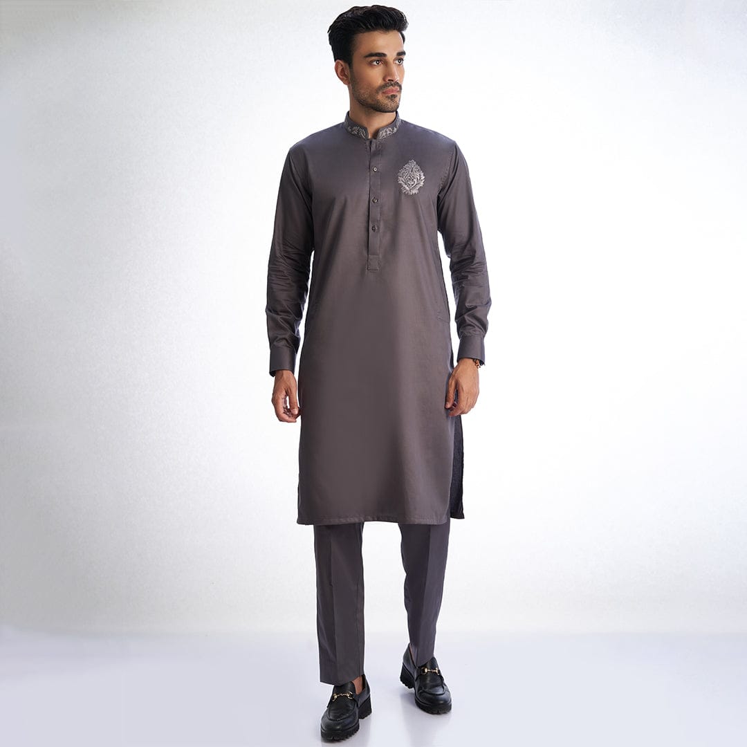 Warm Grey Supima Cotton/Satin Kurta & Drawstring Trousers AI-EID-0004