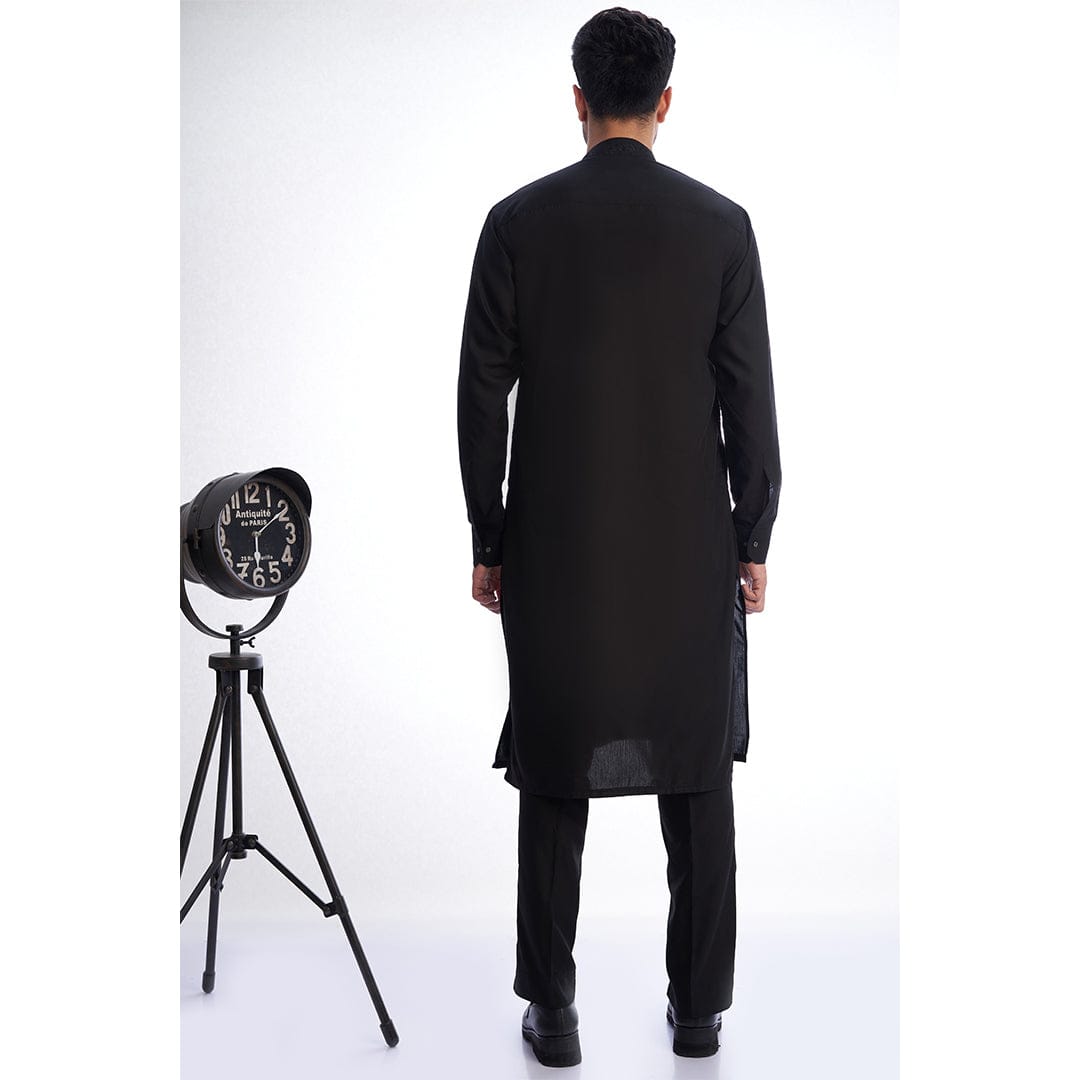 Minimalistic Black IronEz Fabric Kurta and Drawstring Trousers AL-BSC-0012