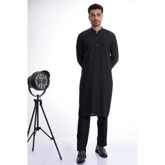 Minimalistic Black IronEz Fabric Kurta and Drawstring Trousers AL-BSC-0012