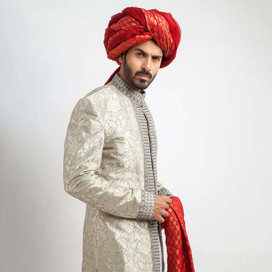 Puter and Ash Grey Pure Brocade Silk Sherwani, Elegant Wedding Attire