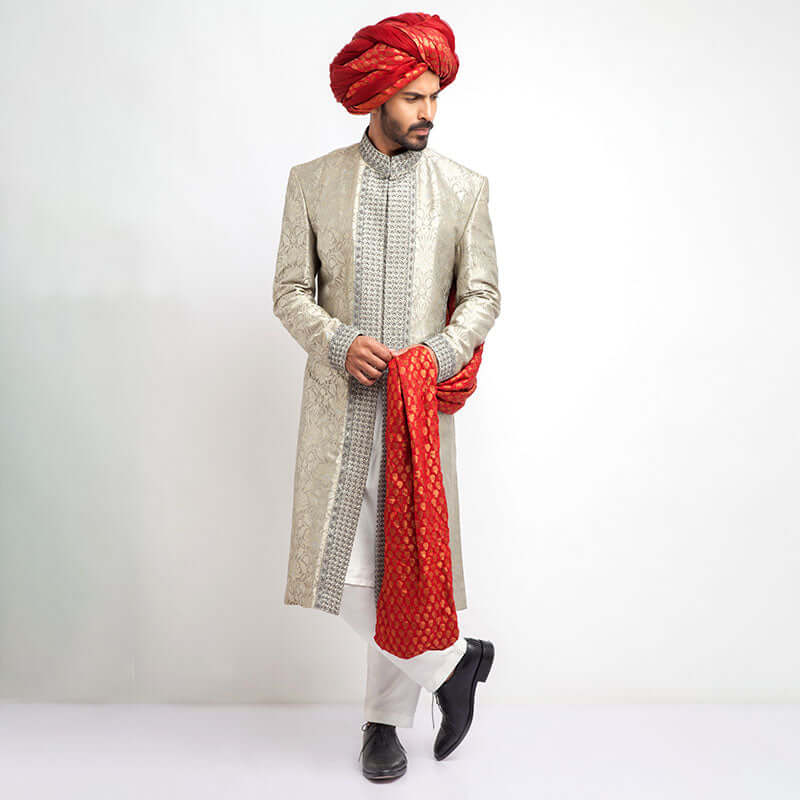 Puter and Ash Grey Pure Brocade Silk Sherwani, Elegant Wedding Attire