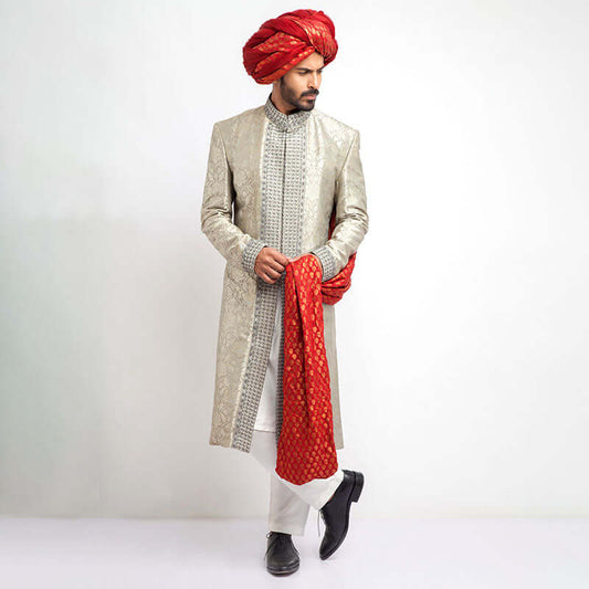 Puter and Ash Grey Pure Brocade Silk Sherwani, Elegant Wedding Attire