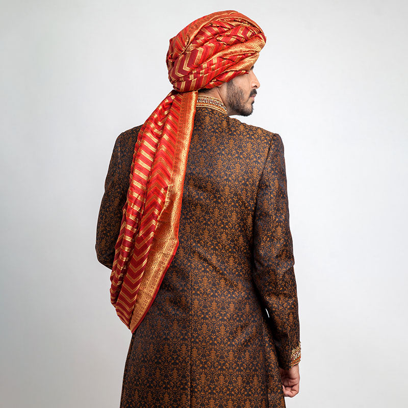 Black and Copper Pure Jamavar Silk Form Fitted Sherwani