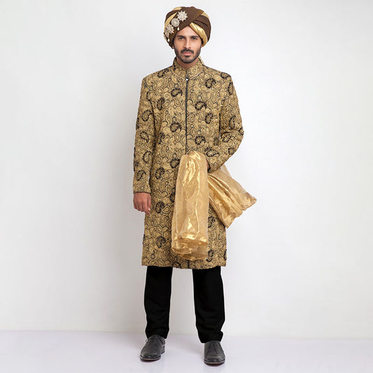 Black and Gold Pure Jamavar Silk Form-Fitted Sherwani
