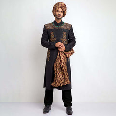 Jet Black Pure Jamavar Silk Form-Fitted Sherwani