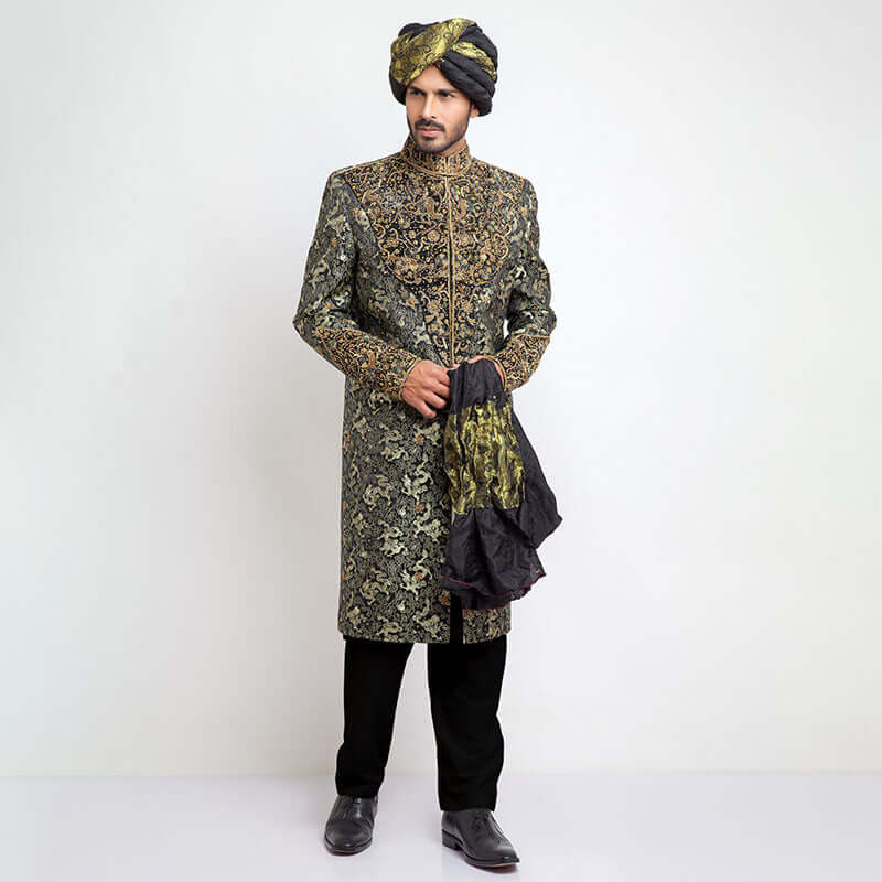 Deep Green Dragon Brocade Form-Fitted Sherwani