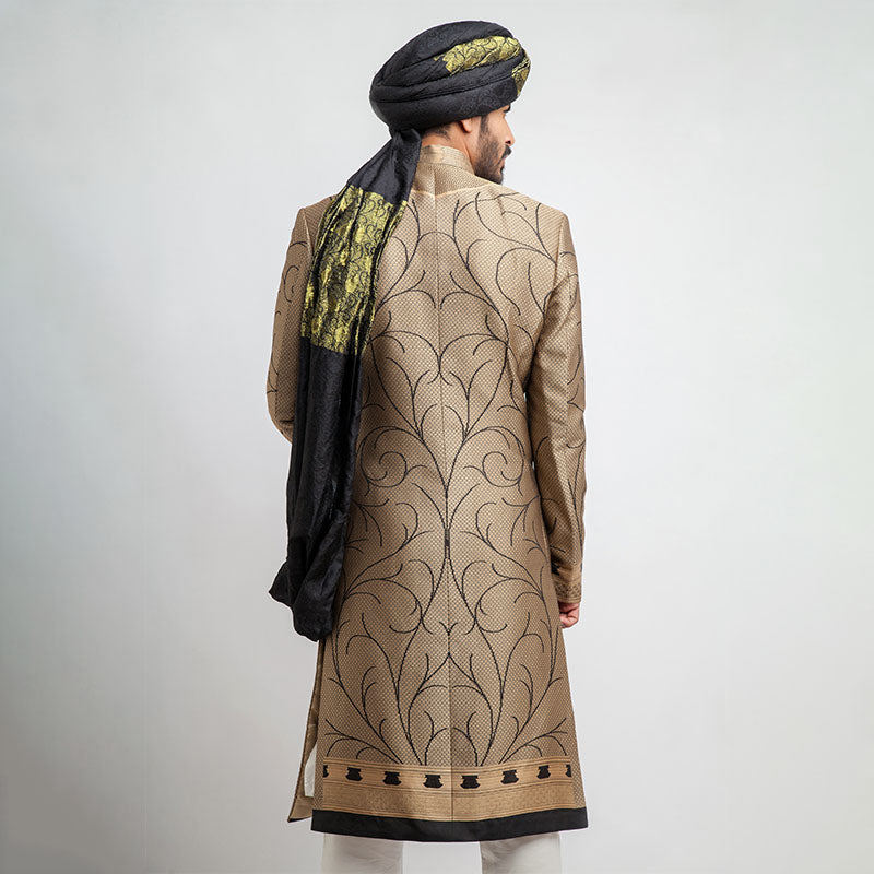 Antique Gold and Black Brocade Form-Fitted Sherwani