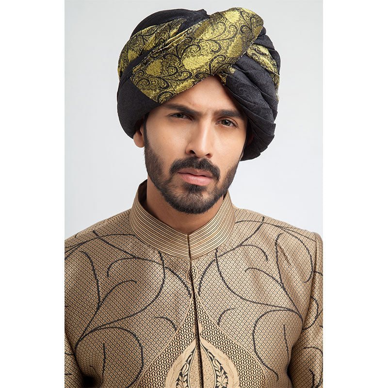 Antique Gold and Black Brocade Form-Fitted Sherwani