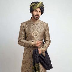 Antique Gold and Black Brocade Form-Fitted Sherwani