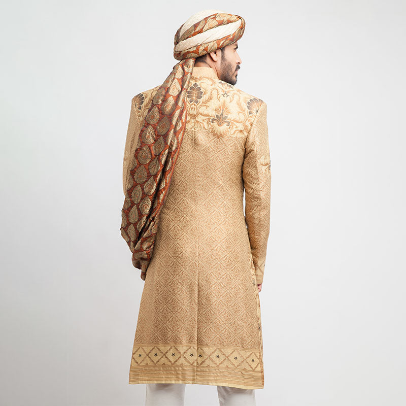 Peach Gold, Antique Gold, and Grey Brocade Form-Fitted Sherwani