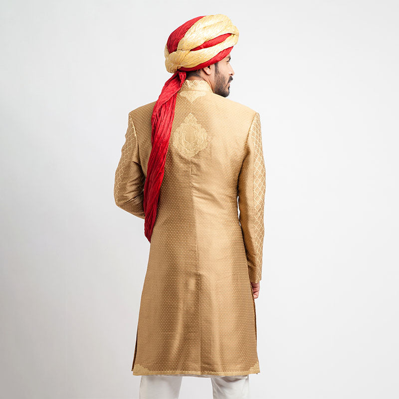 Peach Gold and Antique Gold Brocade Form-Fitted Sherwani