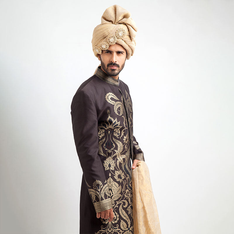 Antique Dull Gold and Charcoal Brocade  Sherwani