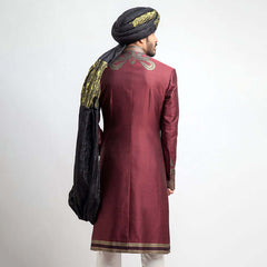 Antique Silver and Burgundy Brocade  Sherwani