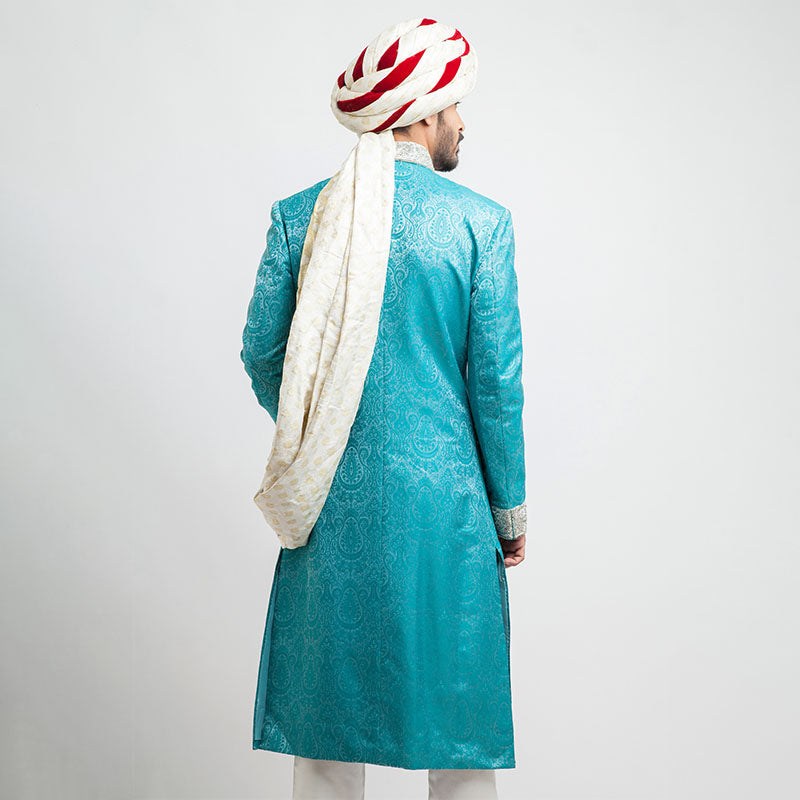 Bright Turquoise Pure Jamavar Silk Form-Fitted Sherwani