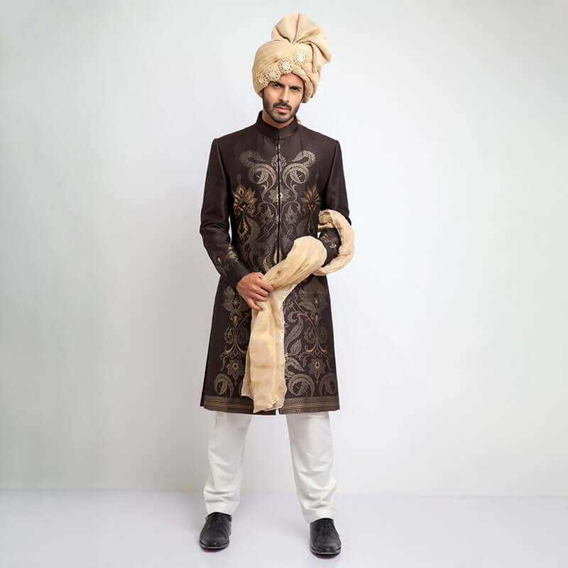 Chocolate Brown Brocade Form-Fitted Sherwani